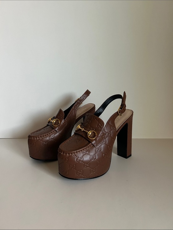 Gucci Shoes - Gucci Brown Embossed Leather Platform Slingback Heels with Gold Bit